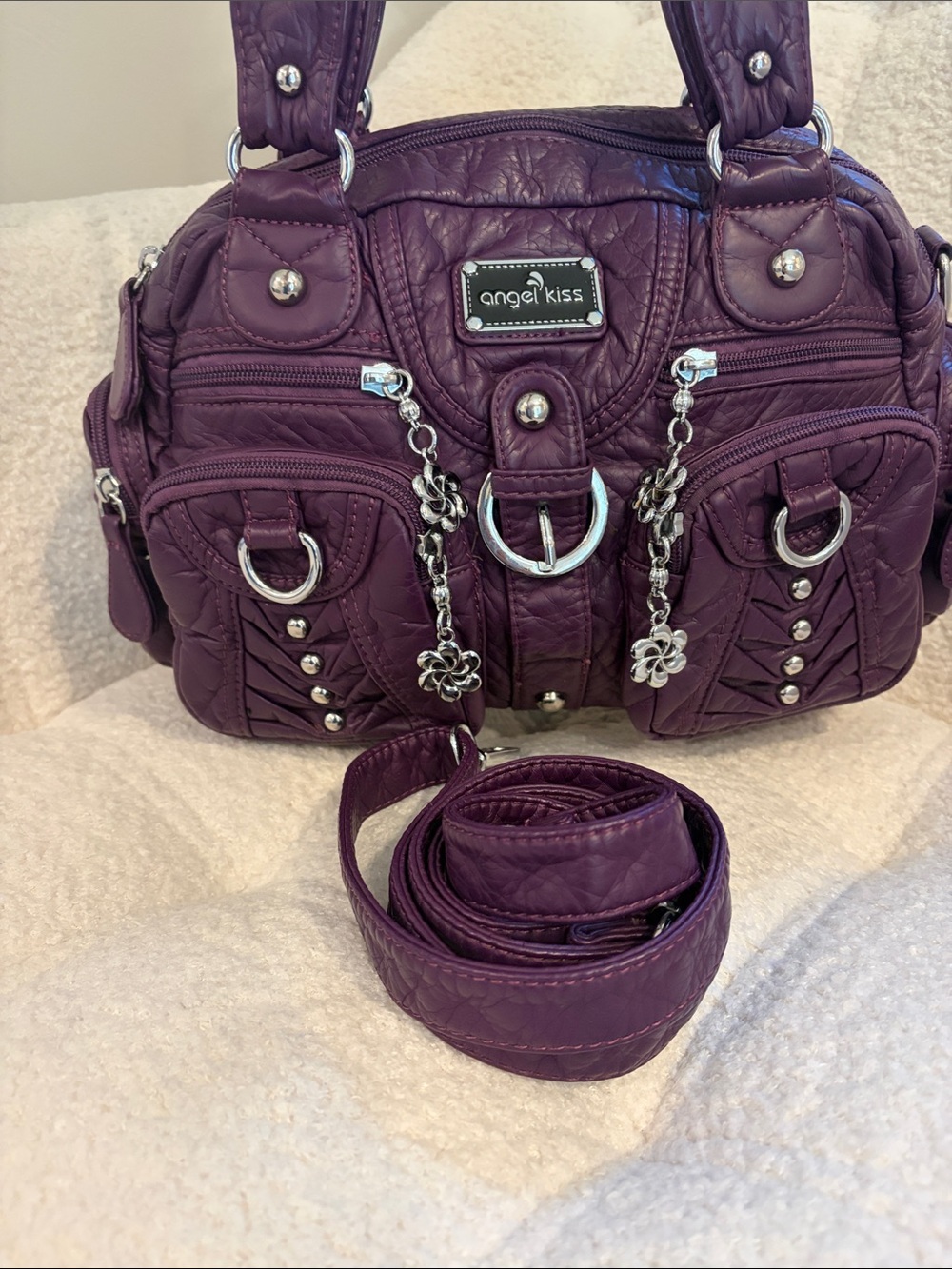 Angel Kiss Deep Purple Quilted Shoulder Bag with Charms